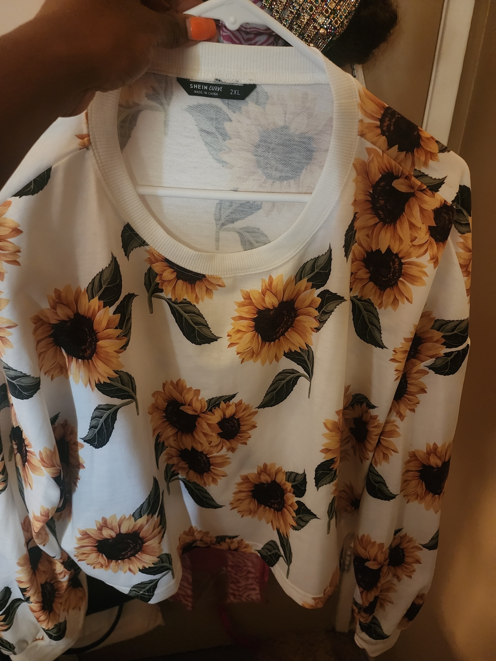 SHEIN White Sunflower Print Long Sleeve Tee